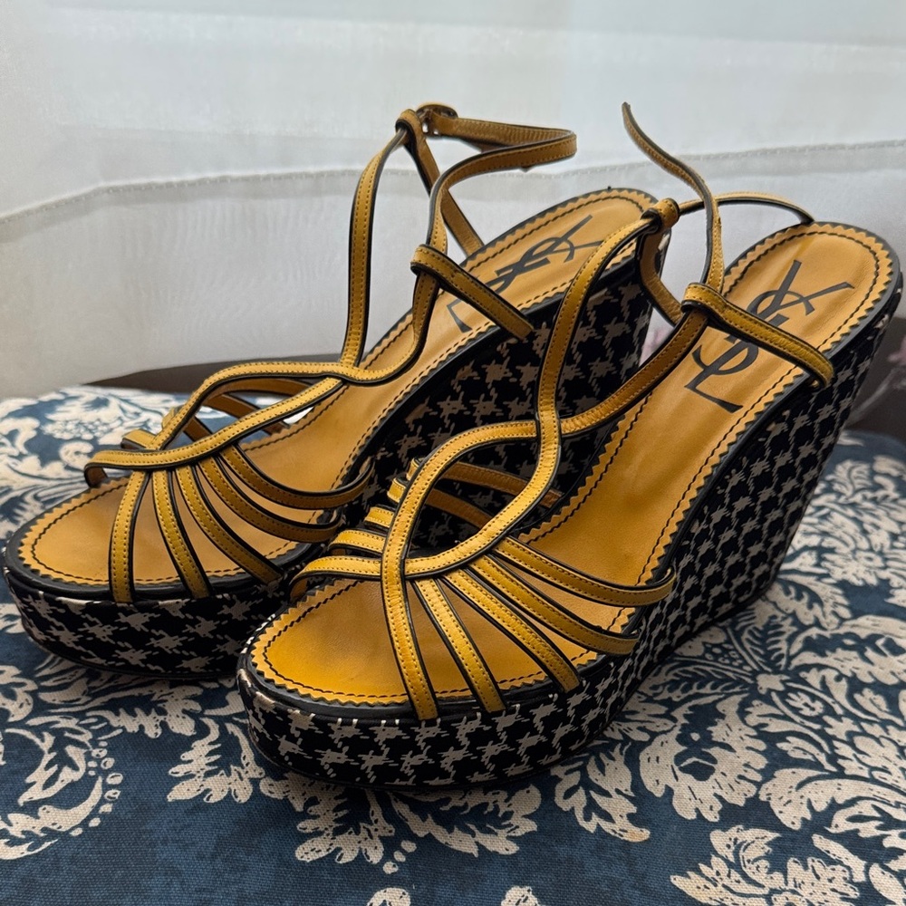 Yves Saint Laurent Yellow and Black Wedge Sandals